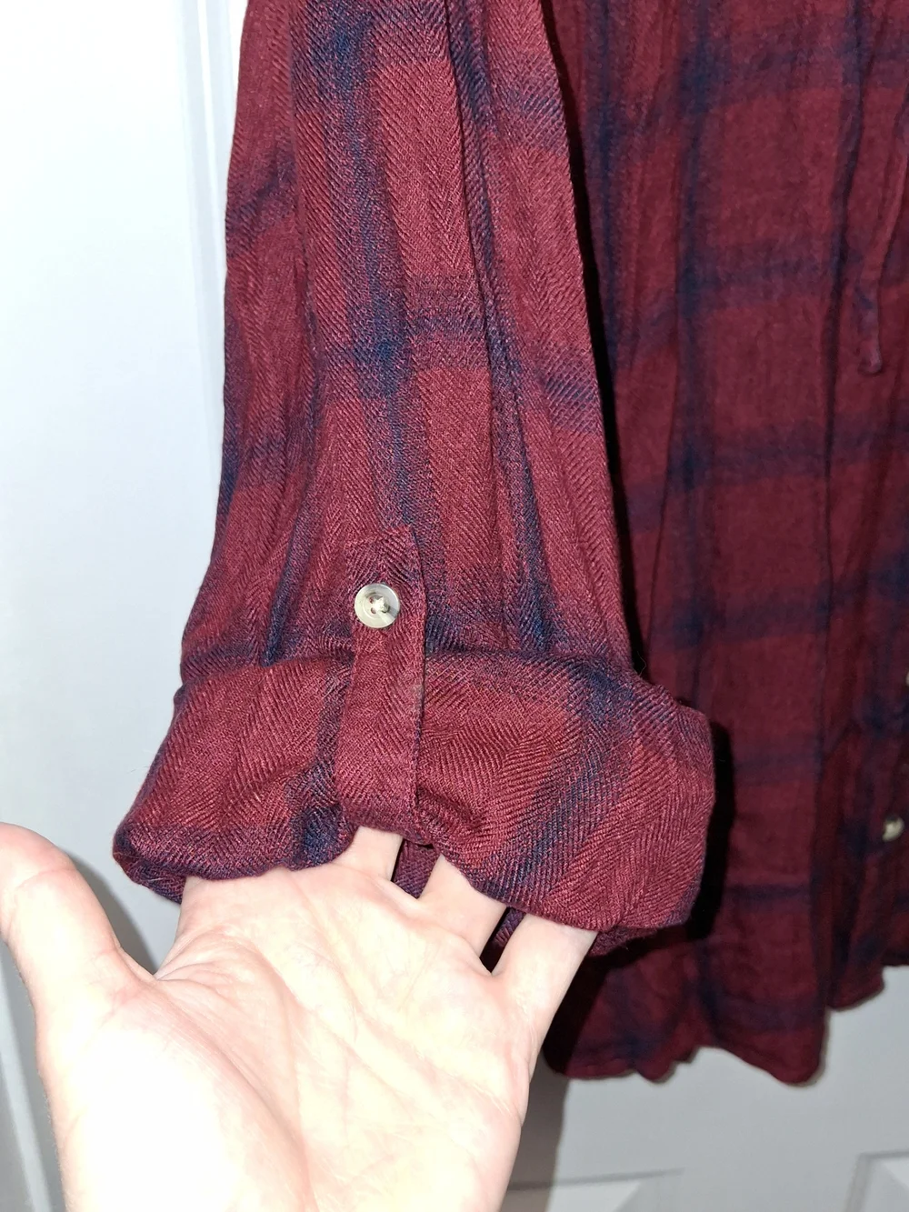 Maurices Burgundy and Navy Plaid Hooded Button-Down Shirt, 3x - Picture 5 of 6